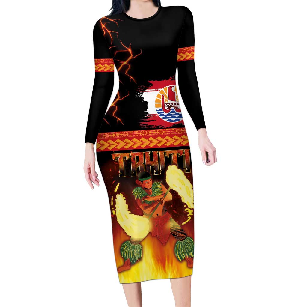Tahitian Siva Afi Family Matching Long Sleeve Bodycon Dress and Hawaiian Shirt Tribal Performers of Tahitian Fire Knife Dancing LT03 Mom's Dress Black - Polynesian Pride