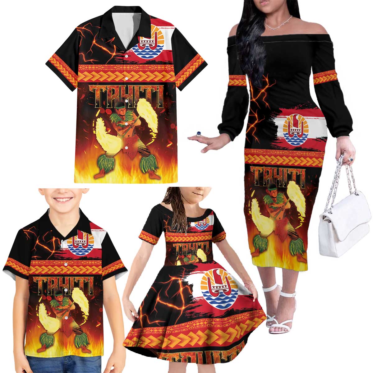 Tahitian Siva Afi Family Matching Off The Shoulder Long Sleeve Dress and Hawaiian Shirt Tribal Performers of Tahitian Fire Knife Dancing LT03 - Polynesian Pride