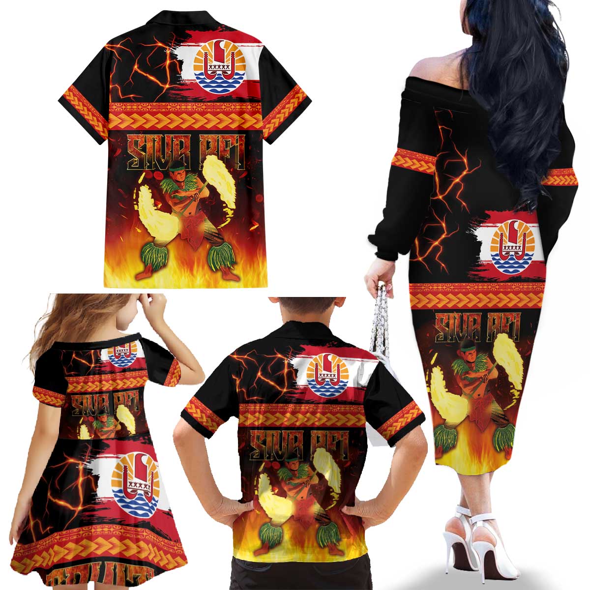 Tahitian Siva Afi Family Matching Off The Shoulder Long Sleeve Dress and Hawaiian Shirt Tribal Performers of Tahitian Fire Knife Dancing LT03 - Polynesian Pride