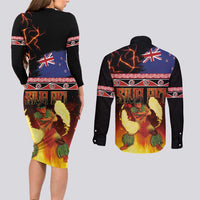 Aotearoa Siva Afi Couples Matching Long Sleeve Bodycon Dress and Long Sleeve Button Shirt Tribal Performers of Aotearoa Fire Knife Dancing