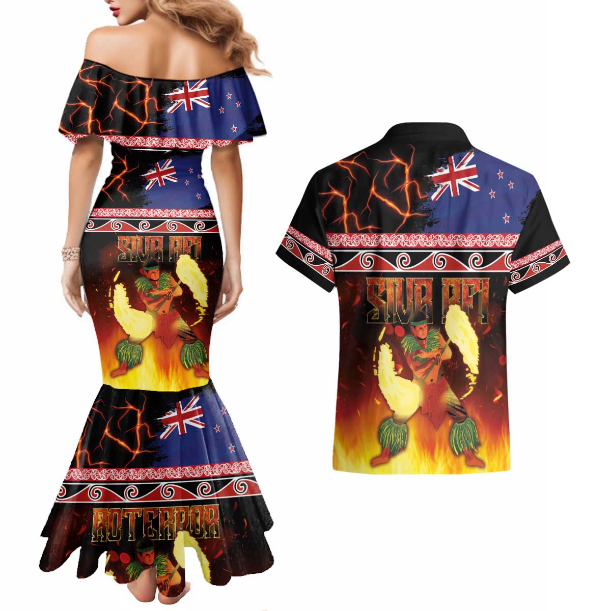 Aotearoa Siva Afi Couples Matching Mermaid Dress and Hawaiian Shirt Tribal Performers of Aotearoa Fire Knife Dancing LT03 - Polynesian Pride