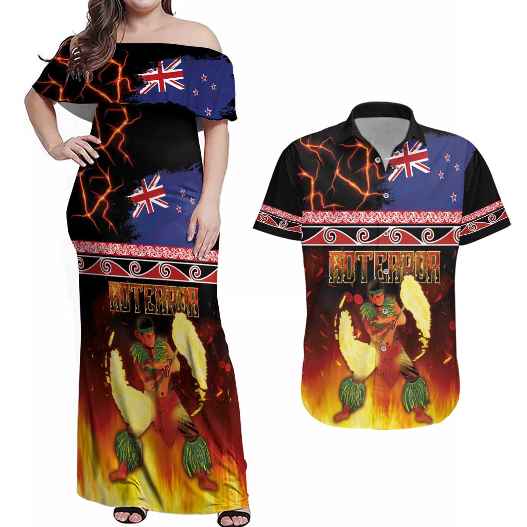 Aotearoa Siva Afi Couples Matching Off Shoulder Maxi Dress and Hawaiian Shirt Tribal Performers of Aotearoa Fire Knife Dancing LT03 Black - Polynesian Pride