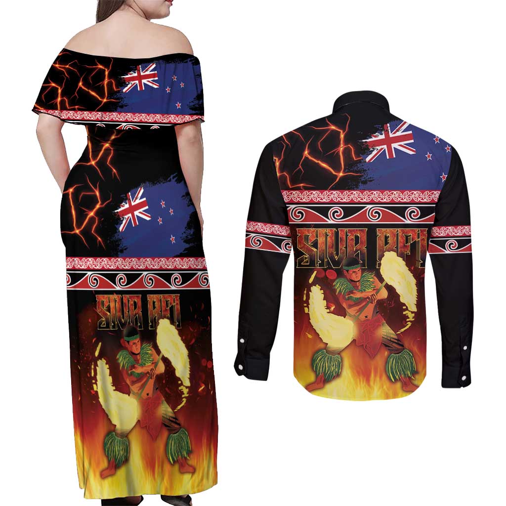 Aotearoa Siva Afi Couples Matching Off Shoulder Maxi Dress and Long Sleeve Button Shirt Tribal Performers of Aotearoa Fire Knife Dancing