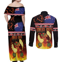 Aotearoa Siva Afi Couples Matching Off Shoulder Maxi Dress and Long Sleeve Button Shirt Tribal Performers of Aotearoa Fire Knife Dancing