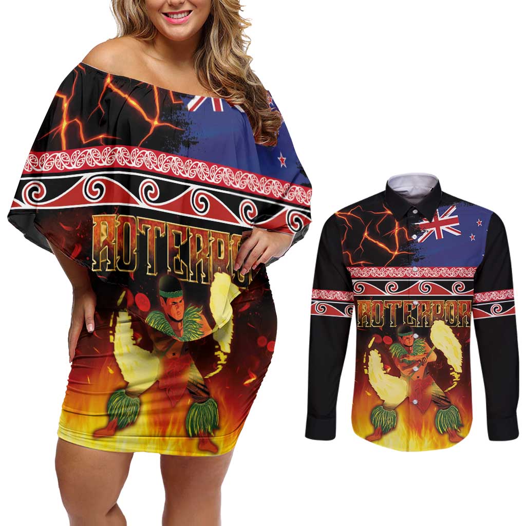 Aotearoa Siva Afi Couples Matching Off Shoulder Short Dress and Long Sleeve Button Shirt Tribal Performers of Aotearoa Fire Knife Dancing