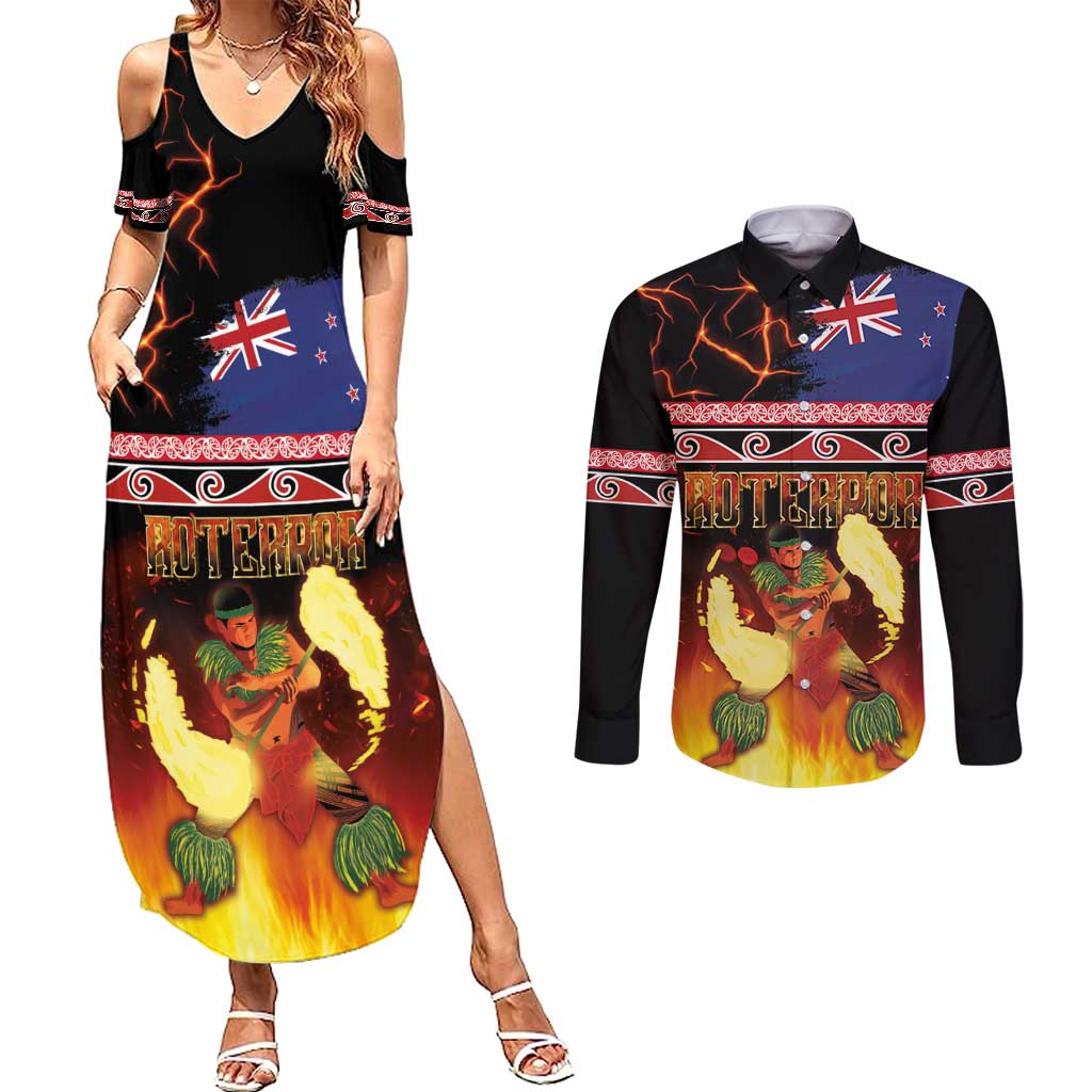 Aotearoa Siva Afi Couples Matching Summer Maxi Dress and Long Sleeve Button Shirt Tribal Performers of Aotearoa Fire Knife Dancing