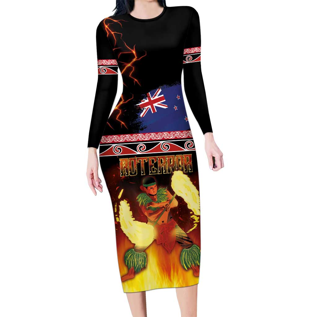 Aotearoa Siva Afi Family Matching Long Sleeve Bodycon Dress and Hawaiian Shirt Tribal Performers of Aotearoa Fire Knife Dancing LT03 Mom's Dress Black - Polynesian Pride