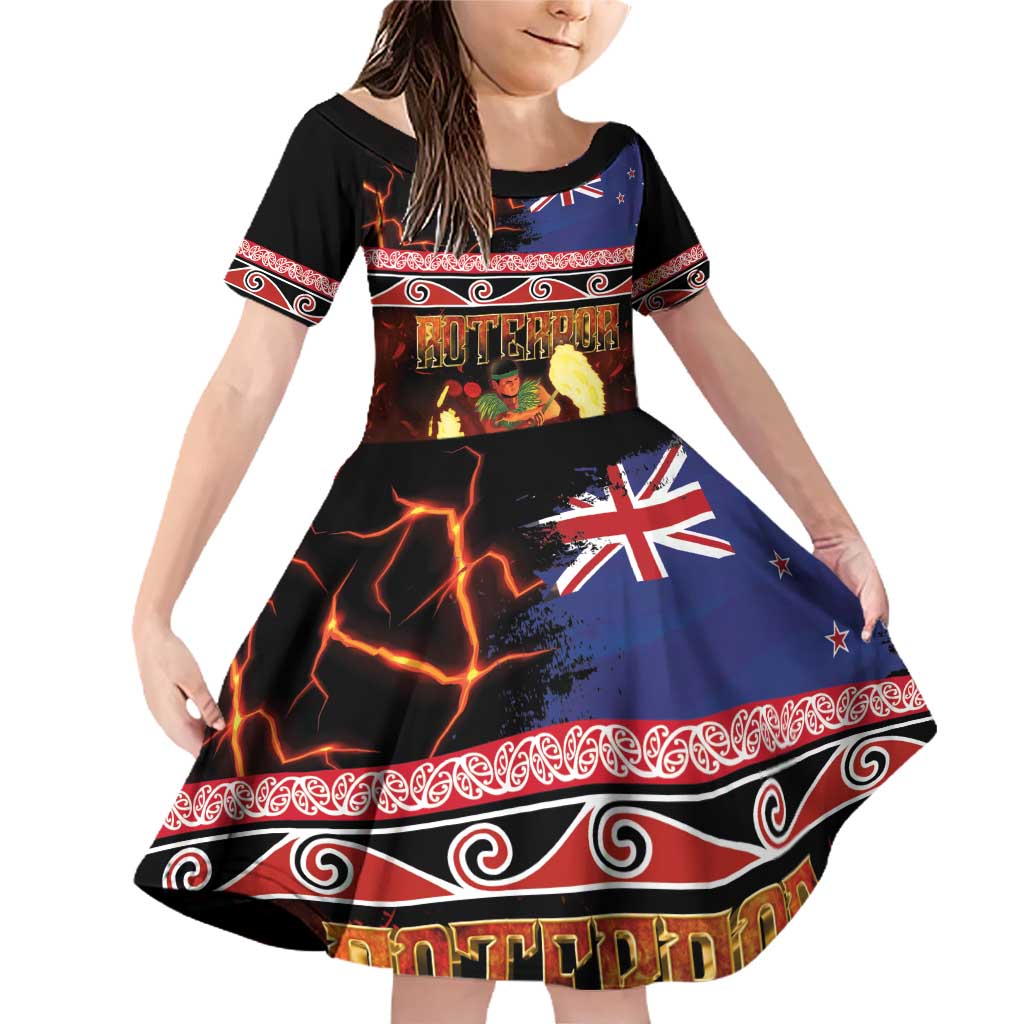 Aotearoa Siva Afi Family Matching Off Shoulder Short Dress and Hawaiian Shirt Tribal Performers of Aotearoa Fire Knife Dancing LT03 Daughter's Dress Black - Polynesian Pride
