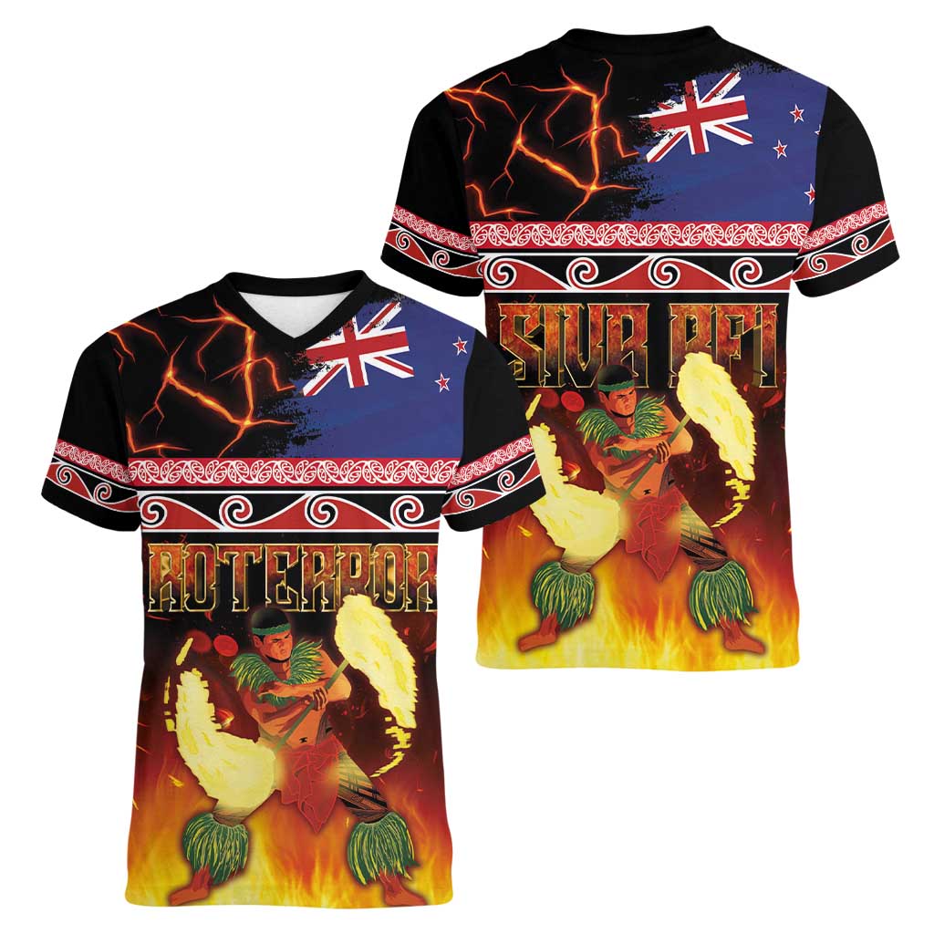 Aotearoa Siva Afi Women V-Neck T-Shirt Tribal Performers of Aotearoa Fire Knife Dancing