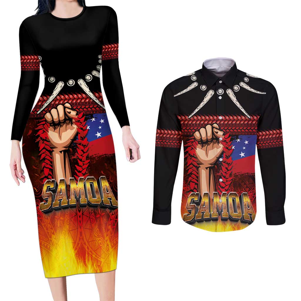 Personalised Samoan Spirit - Samoa Tribal Heritage Couples Matching Long Sleeve Bodycon Dress and Long Sleeve Button Shirt