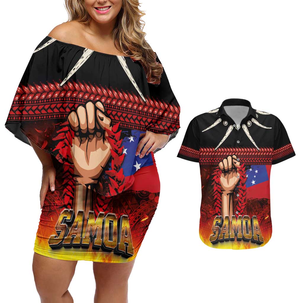 Personalised Samoan Spirit - Samoa Tribal Heritage Couples Matching Off Shoulder Short Dress and Hawaiian Shirt