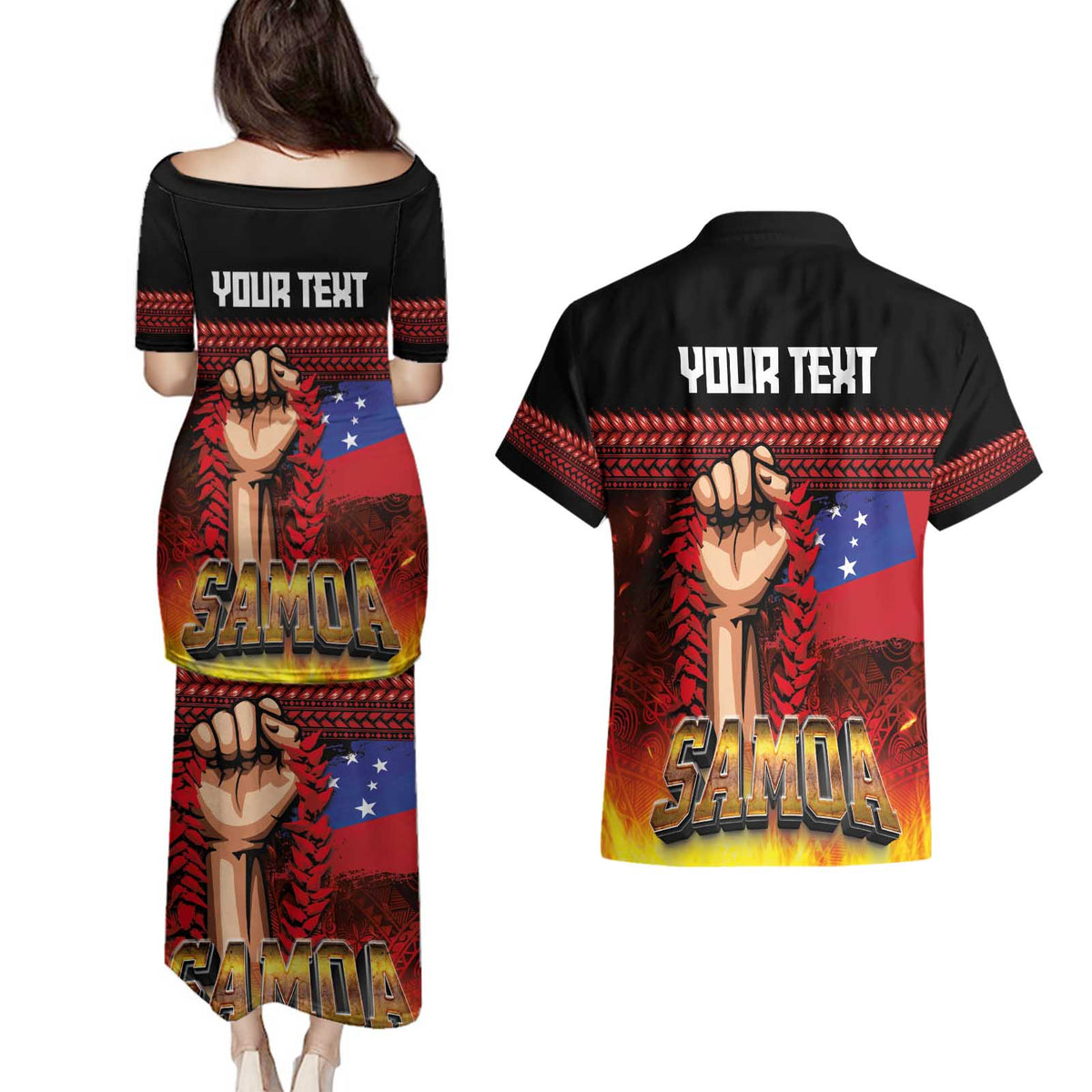 Personalised Samoan Spirit - Samoa Tribal Heritage Couples Matching Puletasi and Hawaiian Shirt