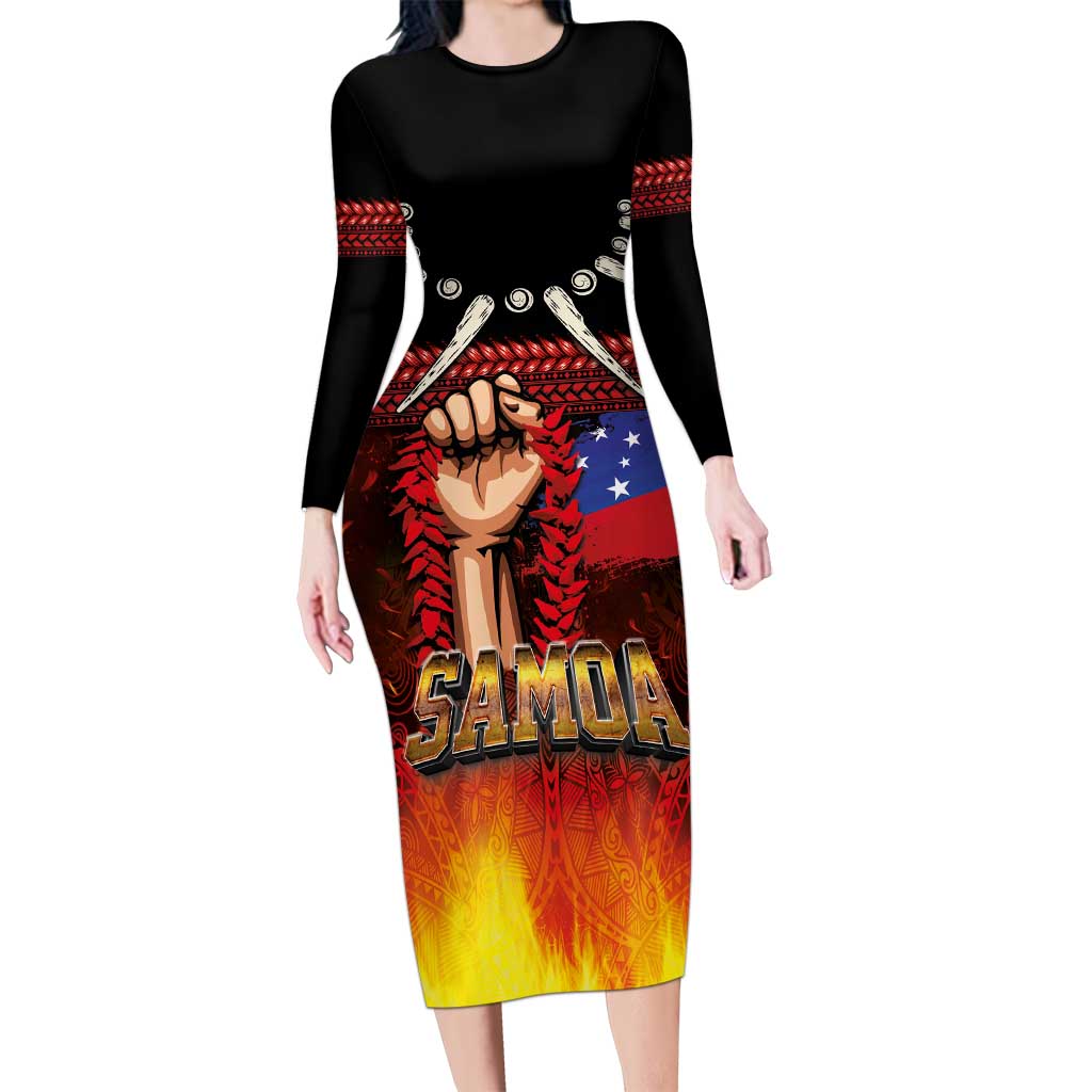 Personalised Samoan Spirit - Samoa Tribal Heritage Family Matching Long Sleeve Bodycon Dress and Hawaiian Shirt LT03 Mom's Dress Black - Polynesian Pride