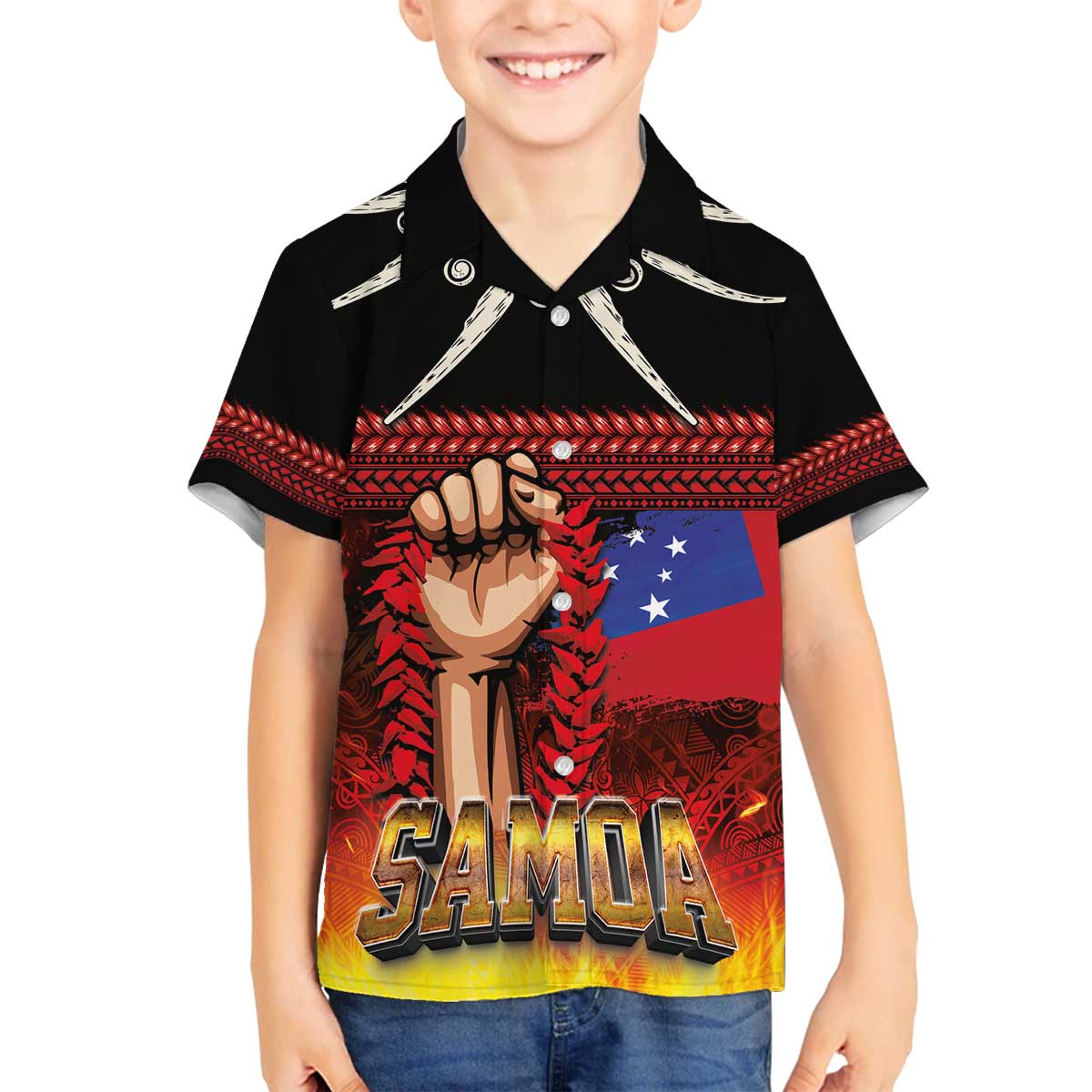 Personalised Samoan Spirit - Samoa Tribal Heritage Family Matching Off The Shoulder Long Sleeve Dress and Hawaiian Shirt LT03 Son's Shirt Black - Polynesian Pride
