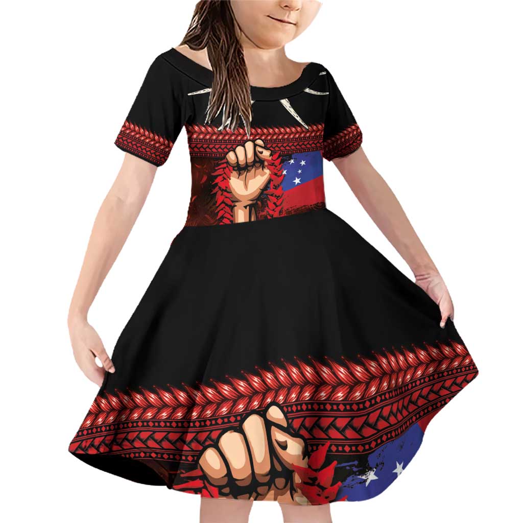Personalised Samoan Spirit - Samoa Tribal Heritage Family Matching Off Shoulder Short Dress and Hawaiian Shirt LT03 Daughter's Dress Black - Polynesian Pride