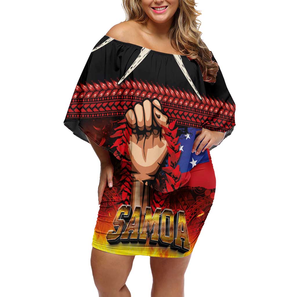Personalised Samoan Spirit - Samoa Tribal Heritage Family Matching Off Shoulder Short Dress and Hawaiian Shirt LT03 Mom's Dress Black - Polynesian Pride