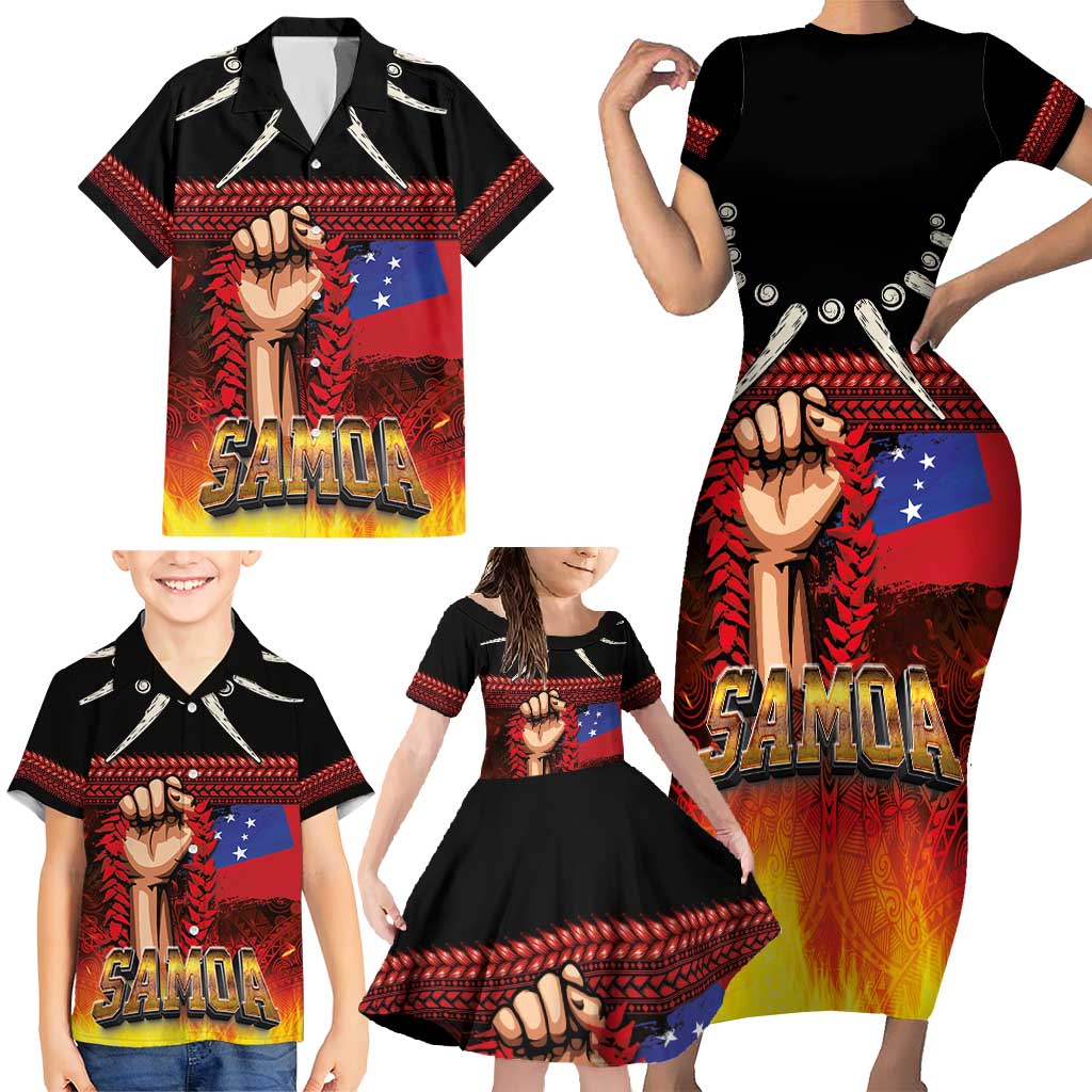 Personalised Samoan Spirit - Samoa Tribal Heritage Family Matching Short Sleeve Bodycon Dress and Hawaiian Shirt LT03 - Polynesian Pride