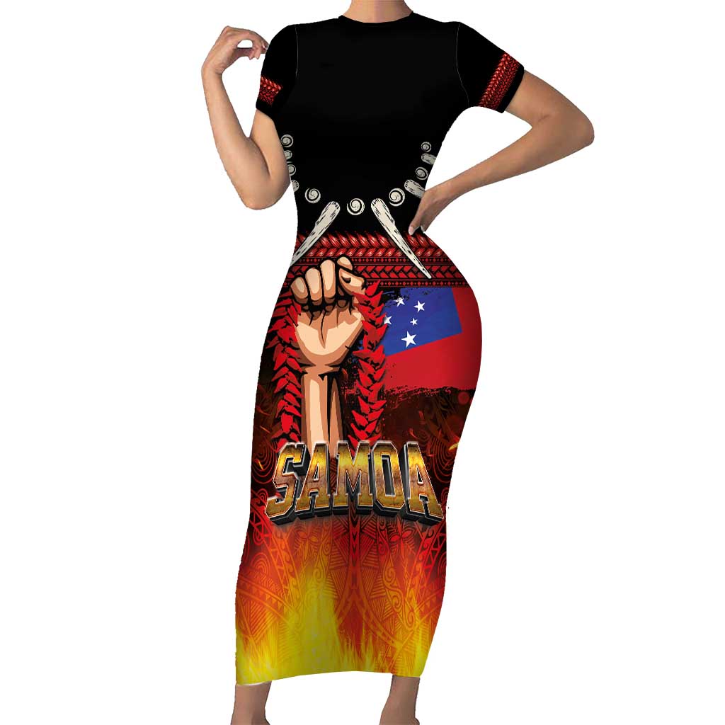 Personalised Samoan Spirit - Samoa Tribal Heritage Short Sleeve Bodycon Dress LT03 Long Dress Black - Polynesian Pride