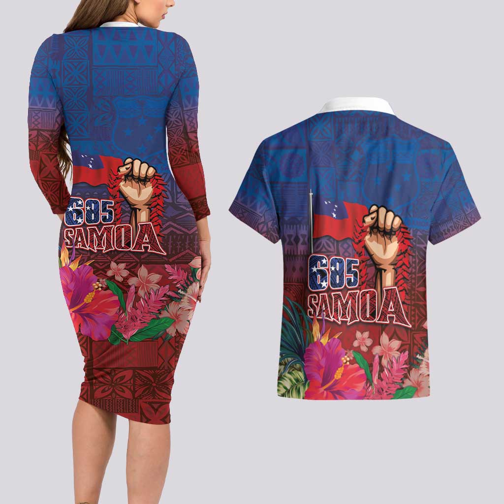 Proud of Samoa Couples Matching Long Sleeve Bodycon Dress and Hawaiian Shirt Ula Nifo with Samoa 685 and Hibiscus Tapa Tribal Pattern LT03 - Polynesian Pride