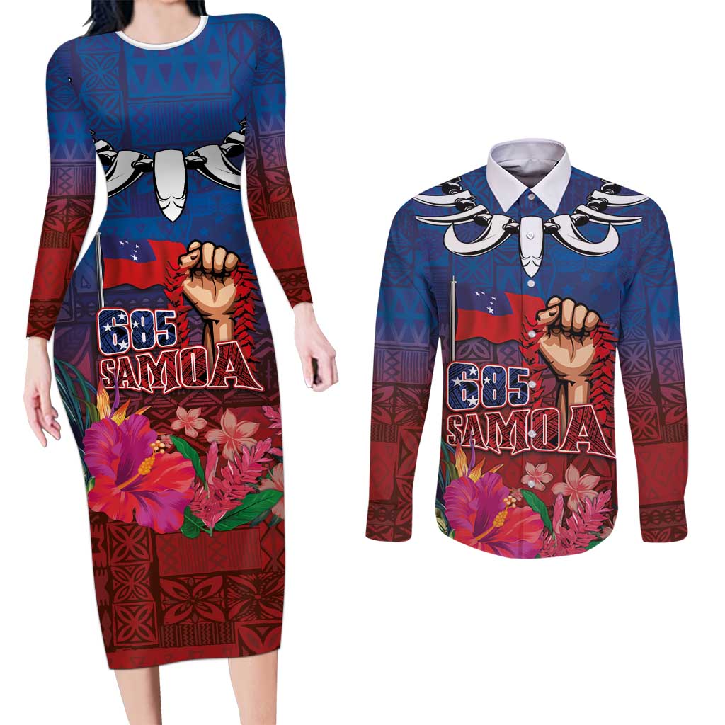 Proud of Samoa Couples Matching Long Sleeve Bodycon Dress and Long Sleeve Button Shirt Ula Nifo with Samoa 685 and Hibiscus Tapa Tribal Pattern