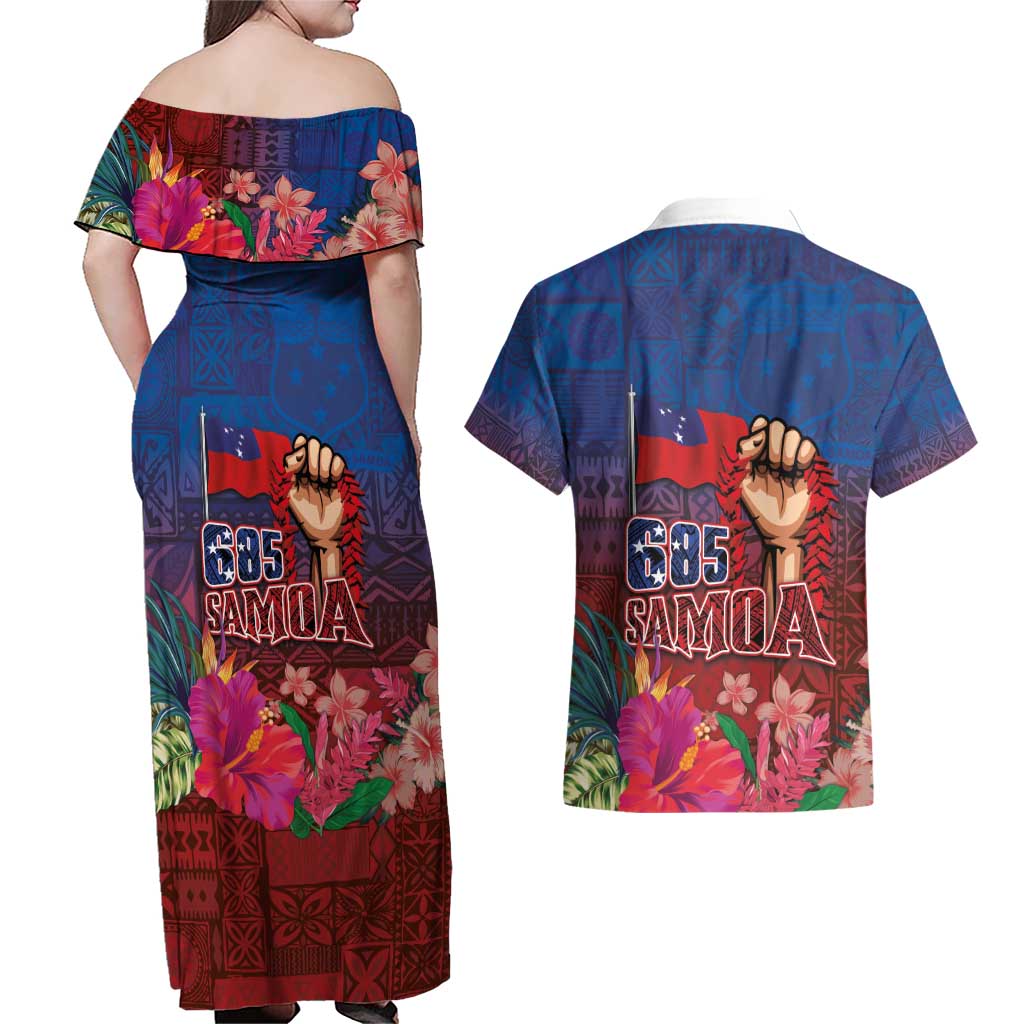 Proud of Samoa Couples Matching Off Shoulder Maxi Dress and Hawaiian Shirt Ula Nifo with Samoa 685 and Hibiscus Tapa Tribal Pattern