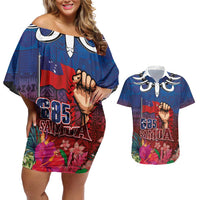 Proud of Samoa Couples Matching Off Shoulder Short Dress and Hawaiian Shirt Ula Nifo with Samoa 685 and Hibiscus Tapa Tribal Pattern