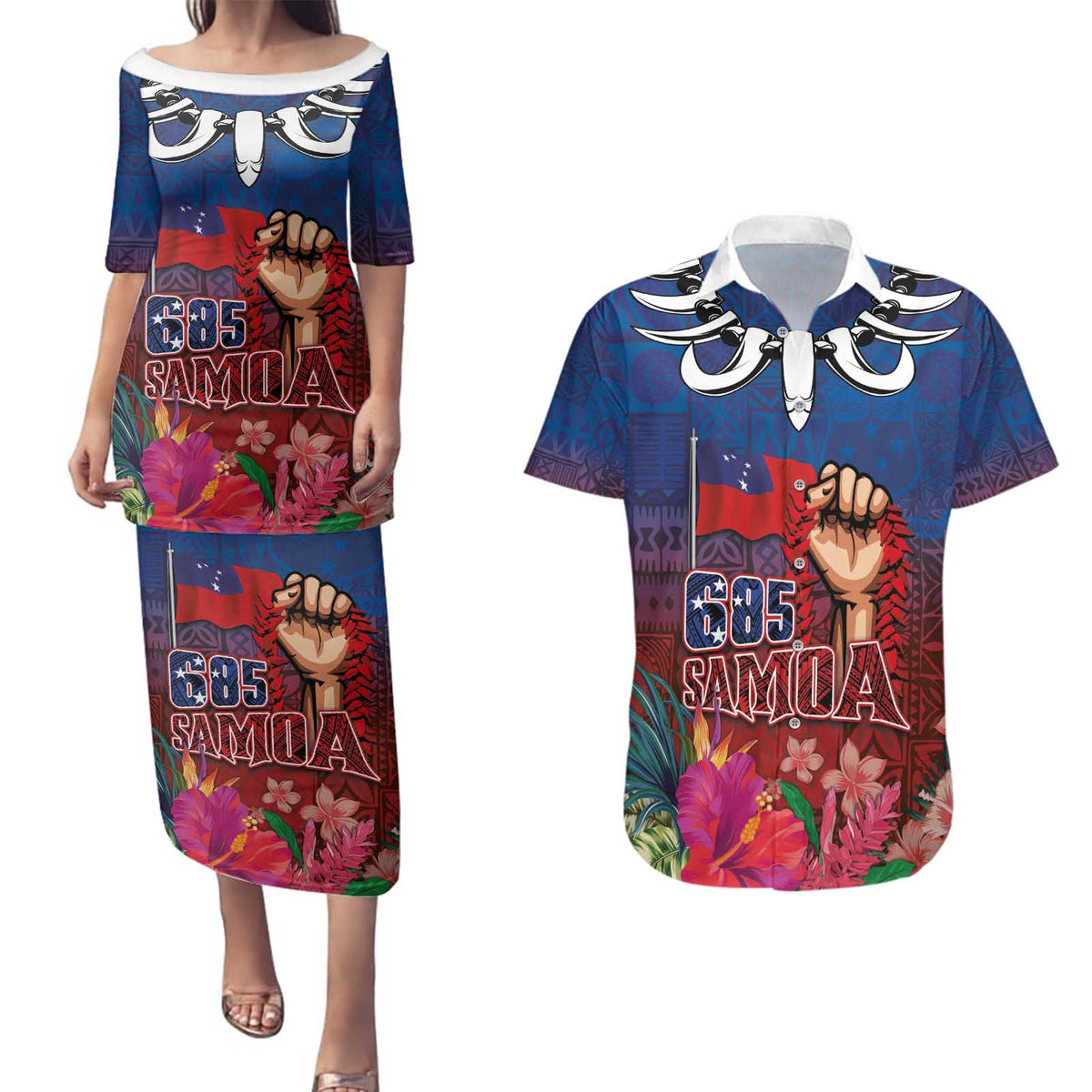 Proud of Samoa Couples Matching Puletasi and Hawaiian Shirt Ula Nifo with Samoa 685 and Hibiscus Tapa Tribal Pattern