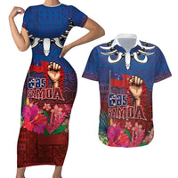 Proud of Samoa Couples Matching Short Sleeve Bodycon Dress and Hawaiian Shirt Ula Nifo with Samoa 685 and Hibiscus Tapa Tribal Pattern LT03 Blue - Polynesian Pride