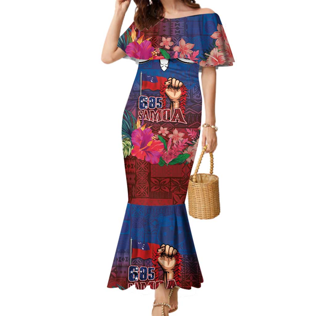 Proud of Samoa Family Matching Mermaid Dress and Hawaiian Shirt Ula Nifo with Samoa 685 and Hibiscus Tapa Tribal Pattern LT03 Mom's Dress Blue - Polynesian Pride