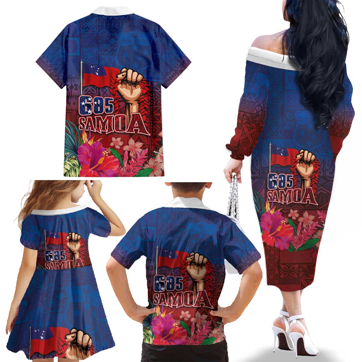 Proud of Samoa Family Matching Off The Shoulder Long Sleeve Dress and Hawaiian Shirt Ula Nifo with Samoa 685 and Hibiscus Tapa Tribal Pattern LT03 - Polynesian Pride