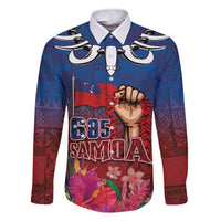 Proud of Samoa Family Matching Off The Shoulder Long Sleeve Dress and Hawaiian Shirt Ula Nifo with Samoa 685 and Hibiscus Tapa Tribal Pattern LT03 Dad's Shirt - Long Sleeve Blue - Polynesian Pride