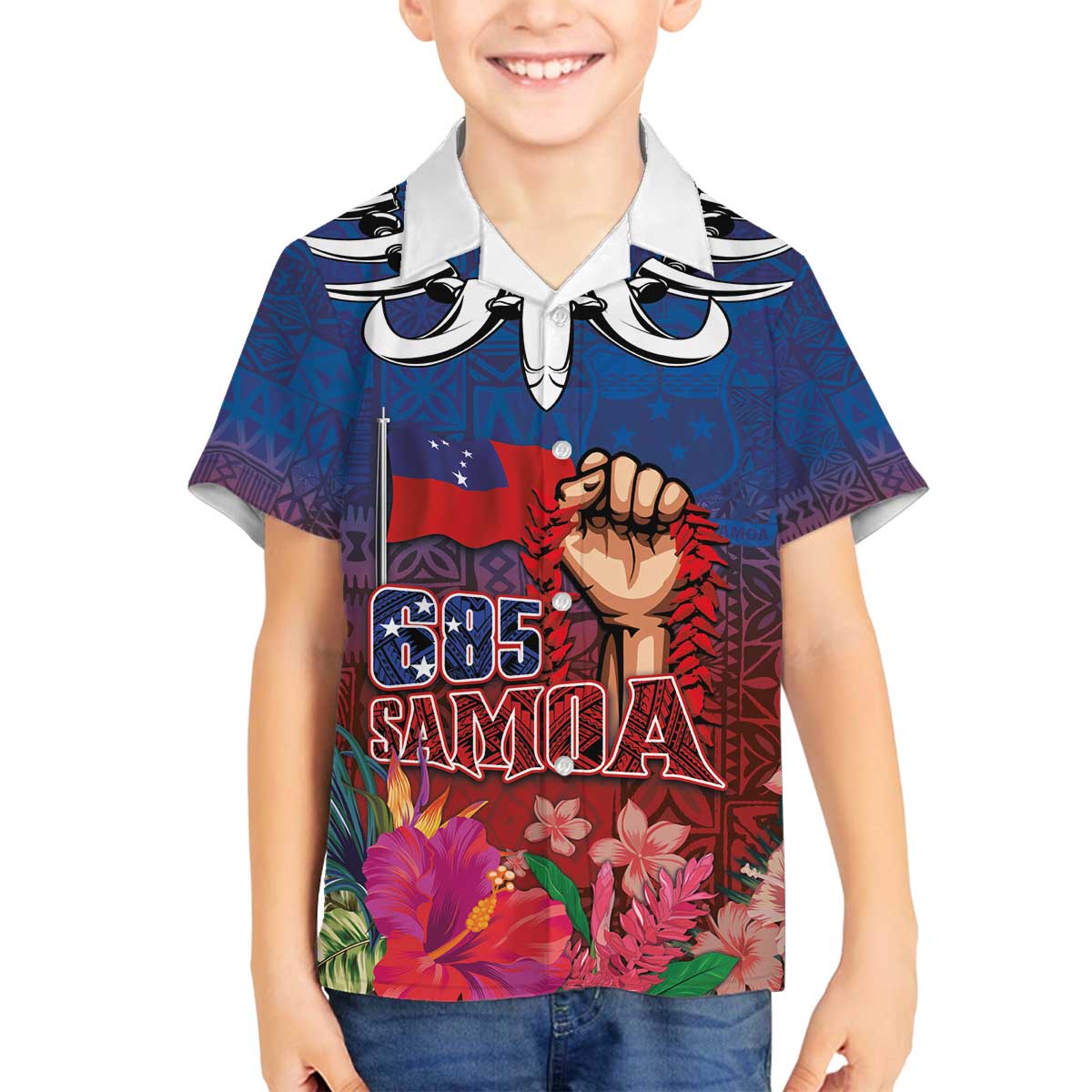 Proud of Samoa Family Matching Off The Shoulder Long Sleeve Dress and Hawaiian Shirt Ula Nifo with Samoa 685 and Hibiscus Tapa Tribal Pattern LT03 Son's Shirt Blue - Polynesian Pride