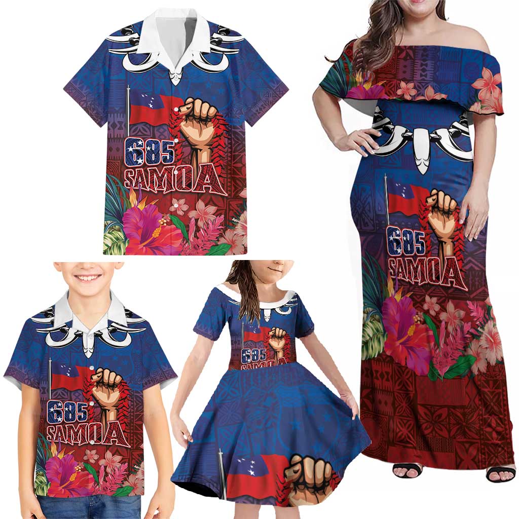 Proud of Samoa Family Matching Off Shoulder Maxi Dress and Hawaiian Shirt Ula Nifo with Samoa 685 and Hibiscus Tapa Tribal Pattern LT03 - Polynesian Pride