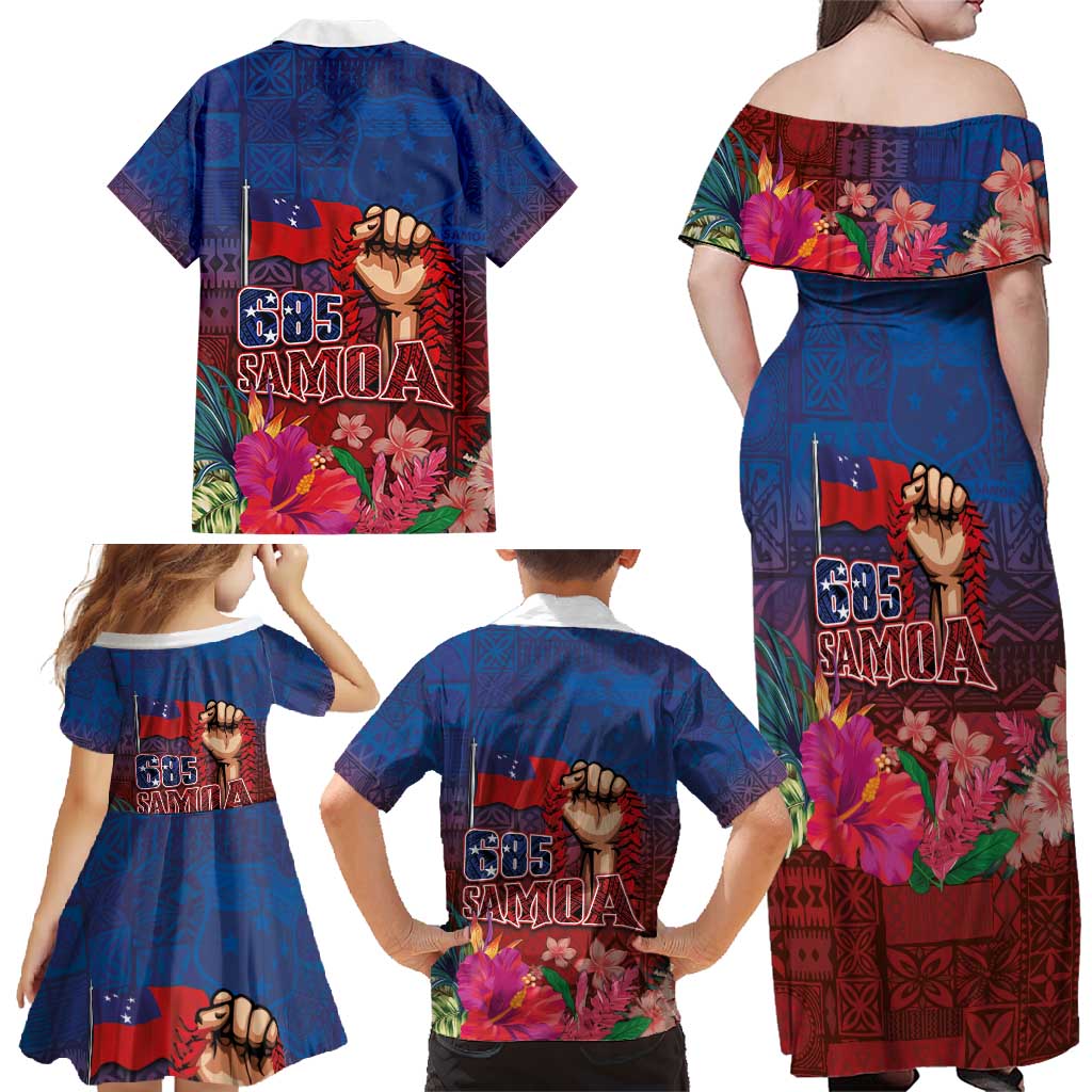 Proud of Samoa Family Matching Off Shoulder Maxi Dress and Hawaiian Shirt Ula Nifo with Samoa 685 and Hibiscus Tapa Tribal Pattern LT03 - Polynesian Pride