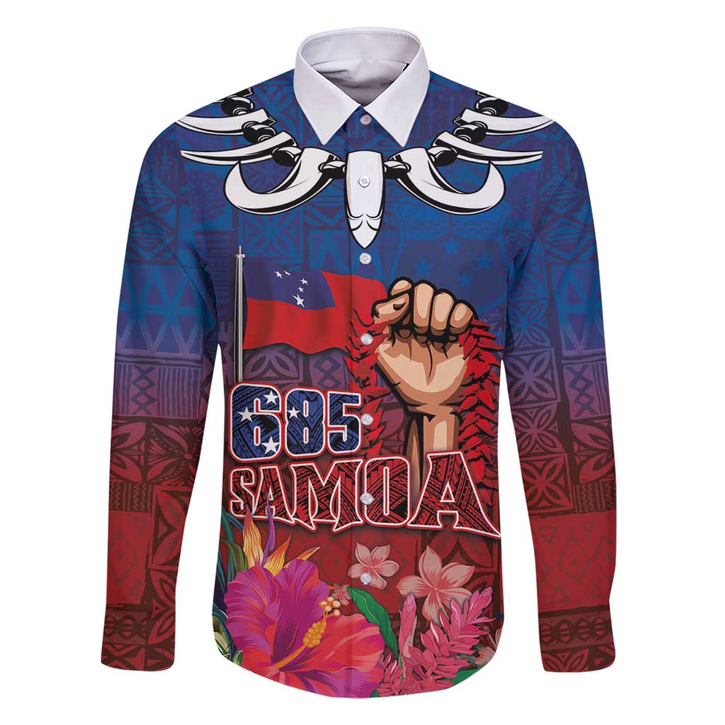 Proud of Samoa Family Matching Off Shoulder Maxi Dress and Hawaiian Shirt Ula Nifo with Samoa 685 and Hibiscus Tapa Tribal Pattern LT03 Dad's Shirt - Long Sleeve Blue - Polynesian Pride