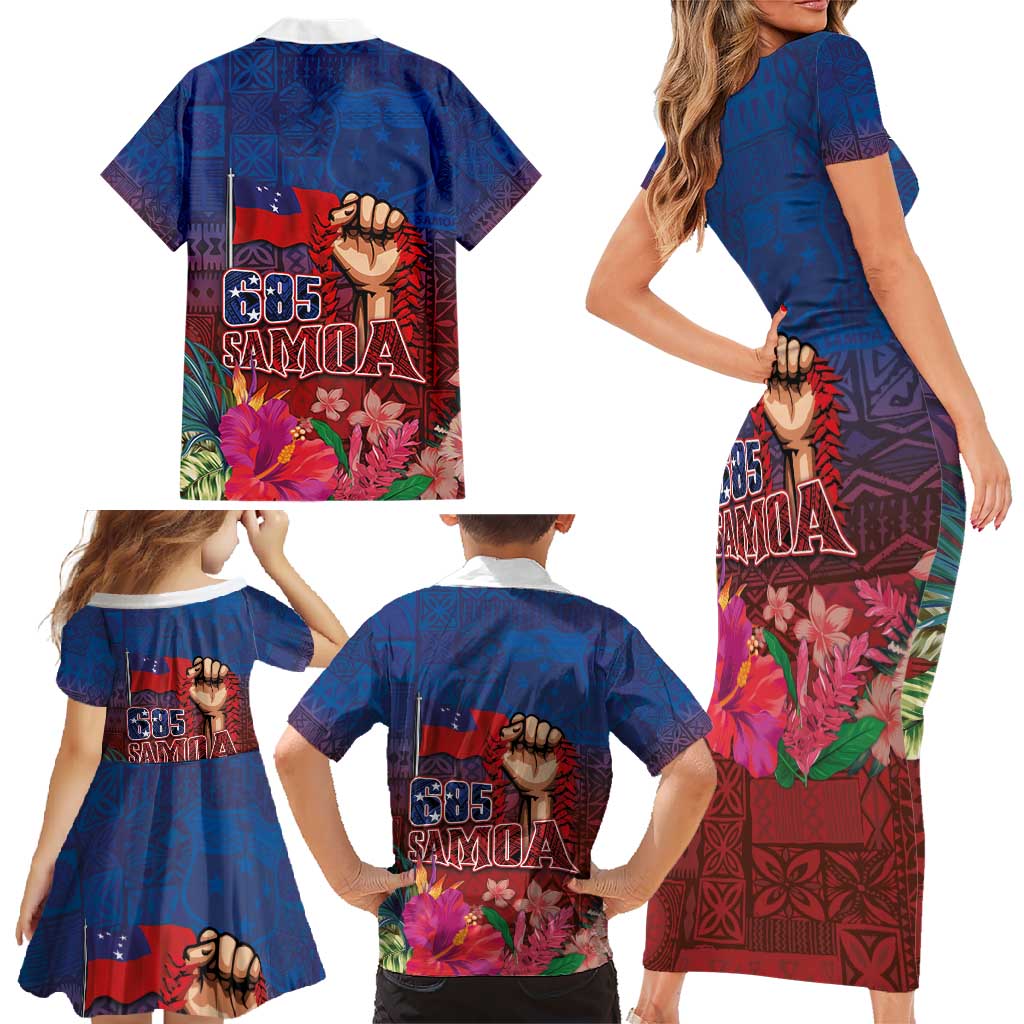 Proud of Samoa Family Matching Short Sleeve Bodycon Dress and Hawaiian Shirt Ula Nifo with Samoa 685 and Hibiscus Tapa Tribal Pattern LT03 - Polynesian Pride