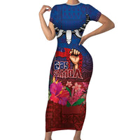 Proud of Samoa Family Matching Short Sleeve Bodycon Dress and Hawaiian Shirt Ula Nifo with Samoa 685 and Hibiscus Tapa Tribal Pattern LT03 Mom's Dress Blue - Polynesian Pride