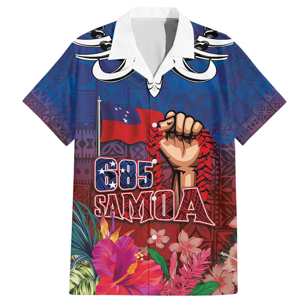 Proud of Samoa Family Matching Summer Maxi Dress and Hawaiian Shirt Ula Nifo with Samoa 685 and Hibiscus Tapa Tribal Pattern LT03 Dad's Shirt - Short Sleeve Blue - Polynesian Pride
