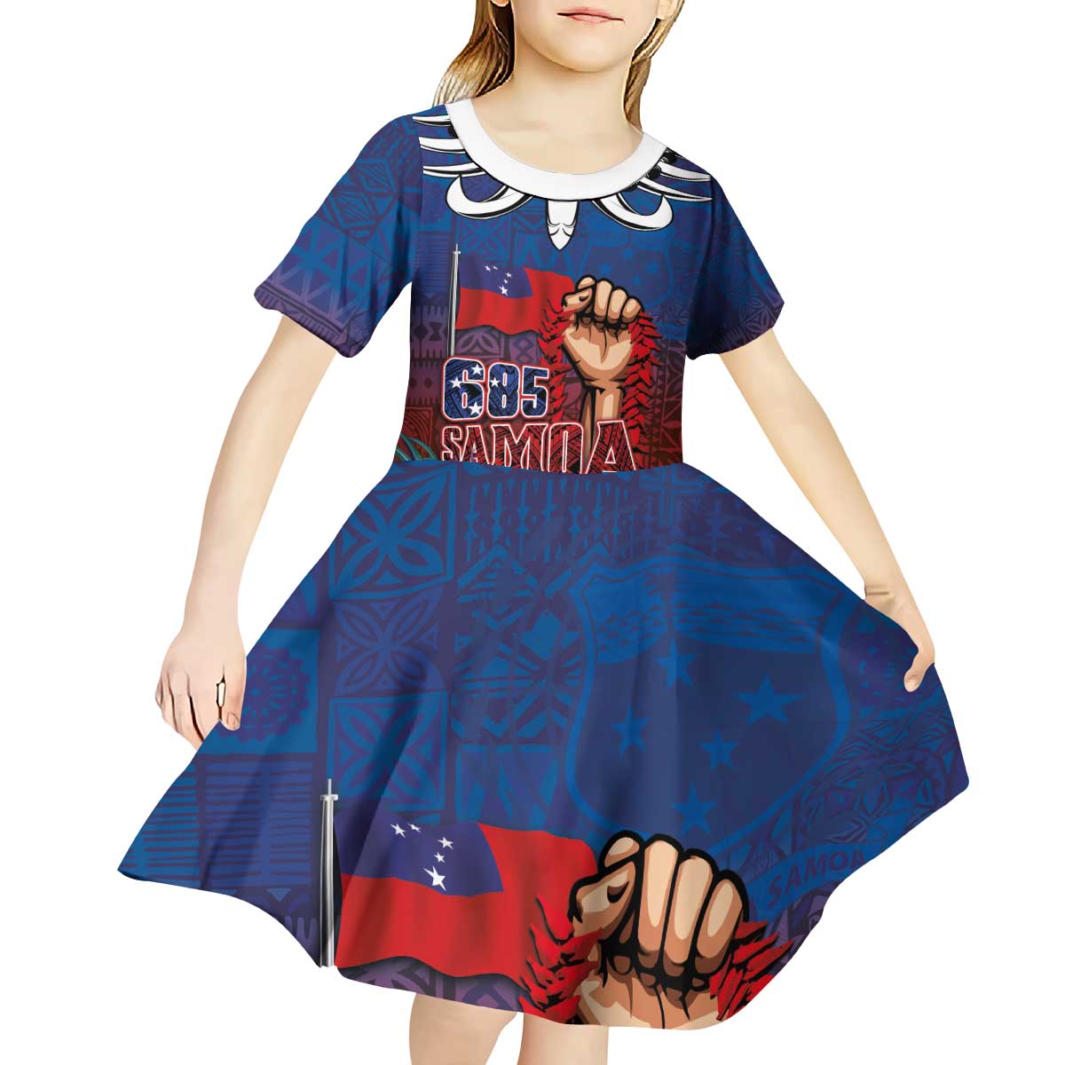 Proud of Samoa Kid Short Sleeve Dress Ula Nifo with Samoa 685 and Hibiscus Tapa Tribal Pattern