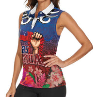 Proud of Samoa Women Sleeveless Polo Shirt Ula Nifo with Samoa 685 and Hibiscus Tapa Tribal Pattern