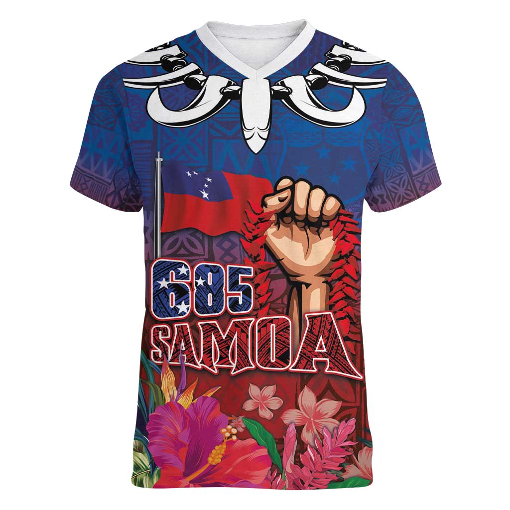 Proud of Samoa Women V-Neck T-Shirt Ula Nifo with Samoa 685 and Hibiscus Tapa Tribal Pattern