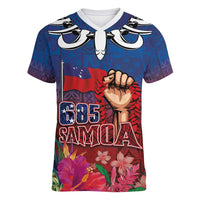 Proud of Samoa Women V-Neck T-Shirt Ula Nifo with Samoa 685 and Hibiscus Tapa Tribal Pattern