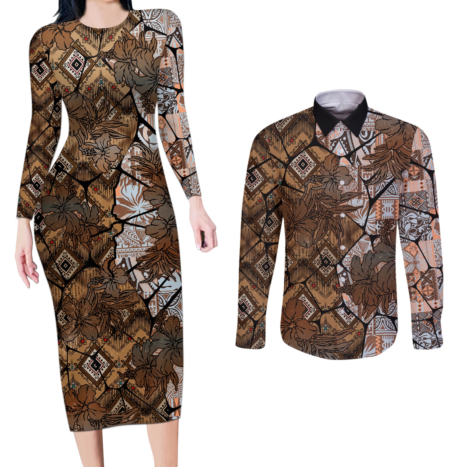Fiji Masi Tapa Tribal Couples Matching Long Sleeve Bodycon Dress and Long Sleeve Button Shirt Old Hibiscus Vintage Style LT03 Brown - Polynesian Pride