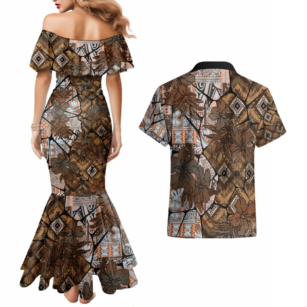 Fiji Masi Tapa Tribal Couples Matching Mermaid Dress and Hawaiian Shirt Old Hibiscus Vintage Style LT03 - Polynesian Pride
