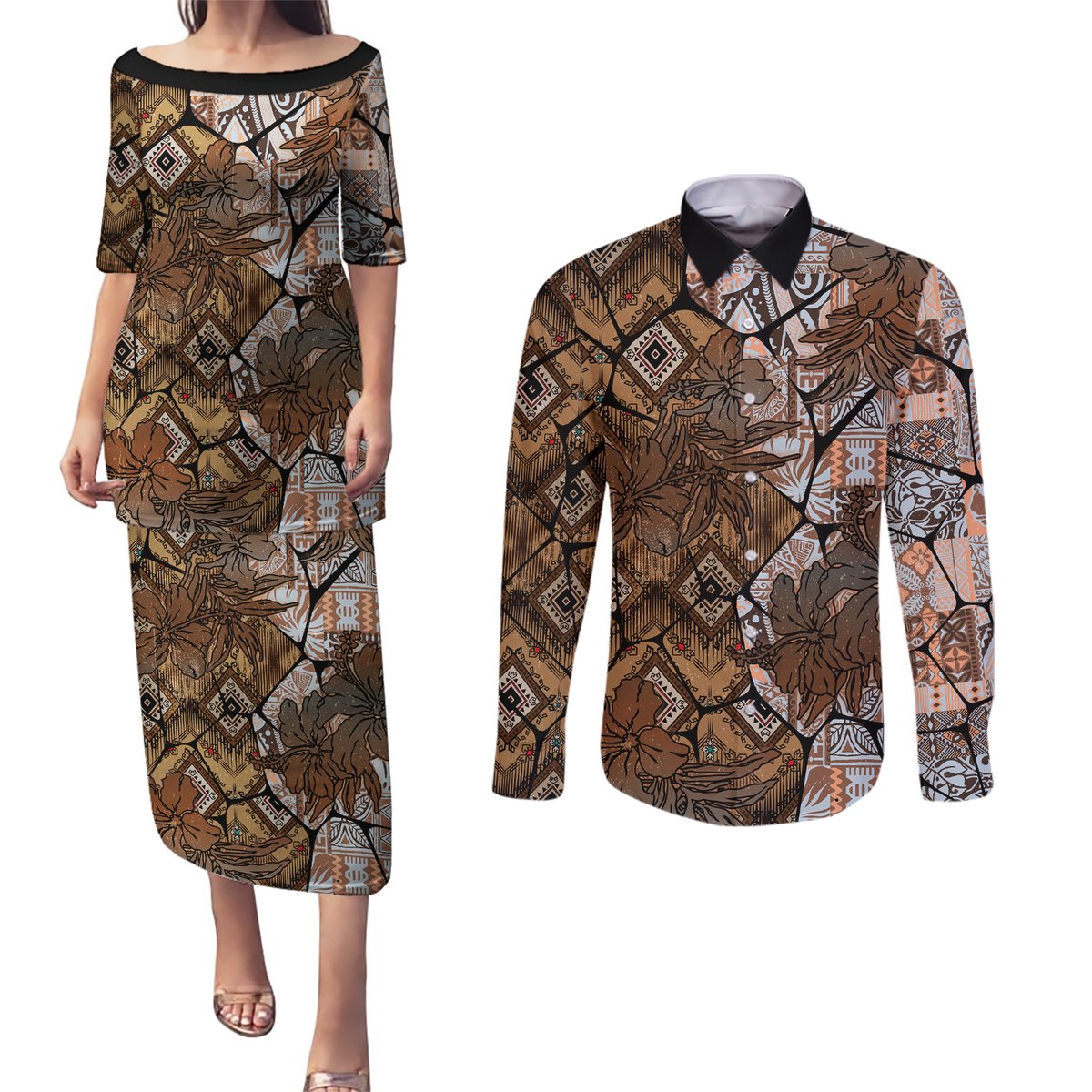 Fiji Masi Tapa Tribal Couples Matching Puletasi and Long Sleeve Button Shirt Old Hibiscus Vintage Style LT03 Brown - Polynesian Pride