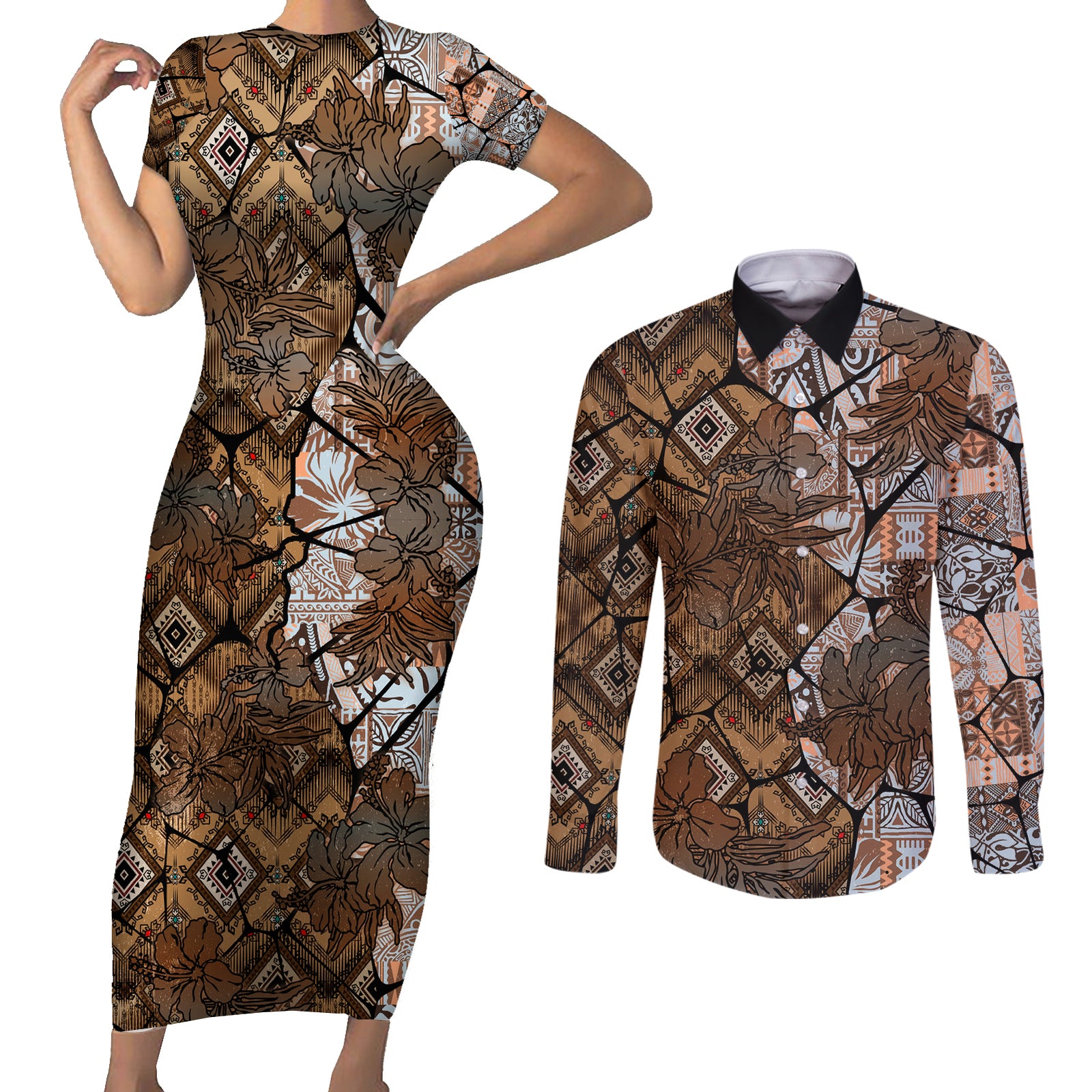 Fiji Masi Tapa Tribal Couples Matching Short Sleeve Bodycon Dress and Long Sleeve Button Shirt Old Hibiscus Vintage Style LT03 Brown - Polynesian Pride