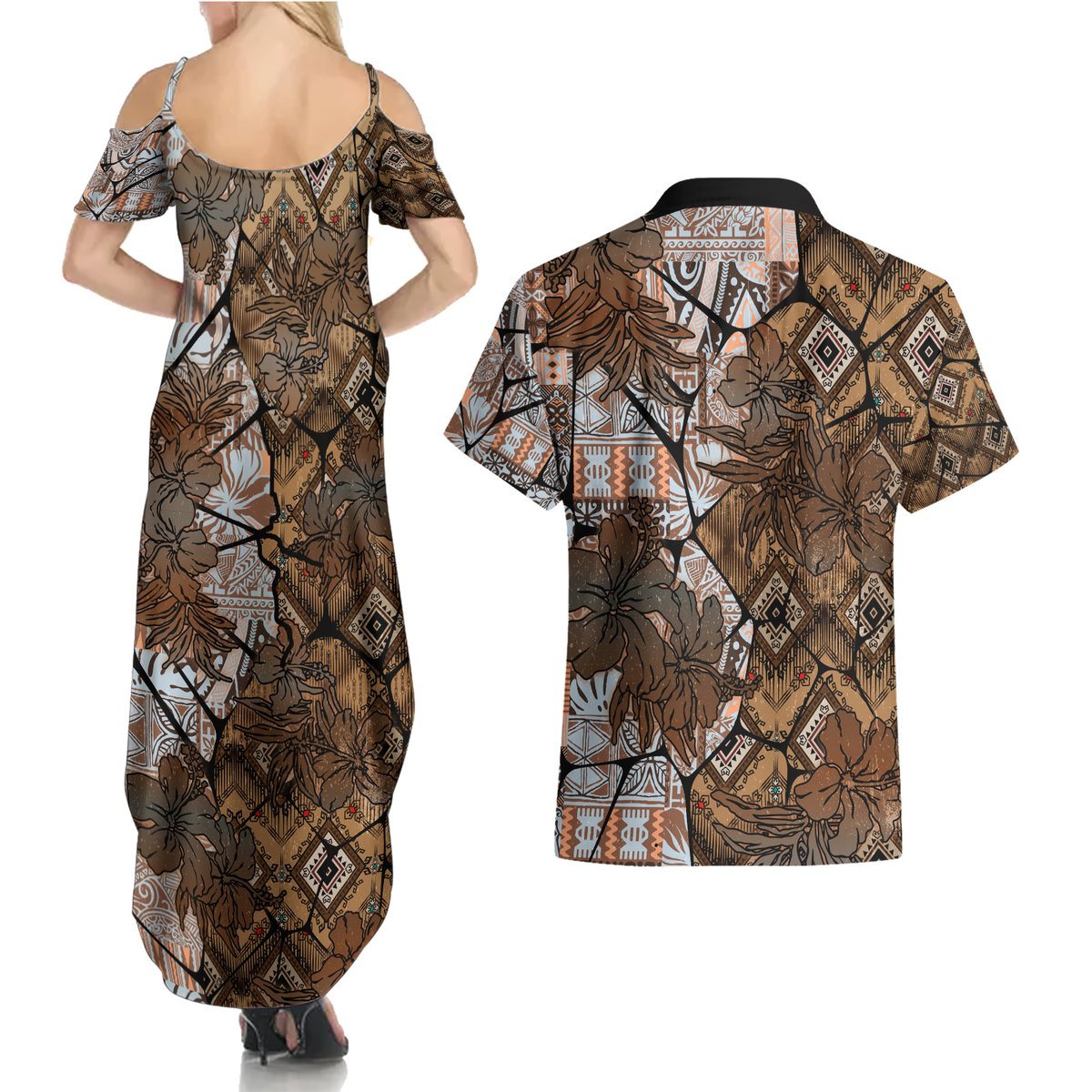 Fiji Masi Tapa Tribal Couples Matching Summer Maxi Dress and Hawaiian Shirt Old Hibiscus Vintage Style LT03 - Polynesian Pride