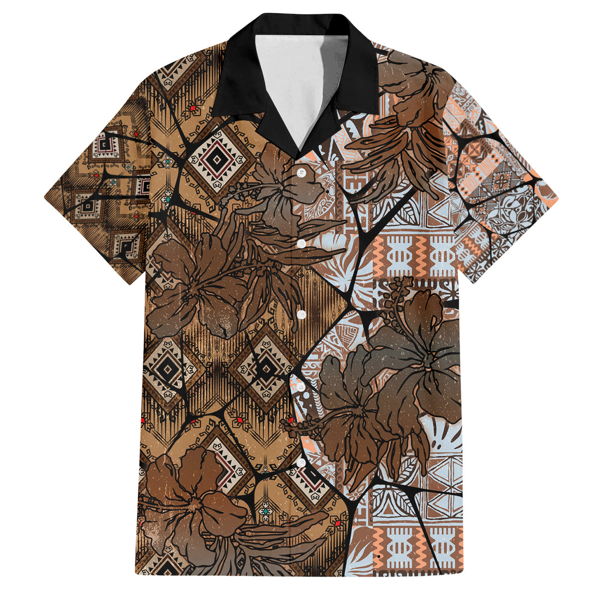 Fiji Masi Tapa Tribal Family Matching Off Shoulder Long Sleeve Dress and Hawaiian Shirt Old Hibiscus Vintage Style LT03 Dad's Shirt - Short Sleeve Brown - Polynesian Pride
