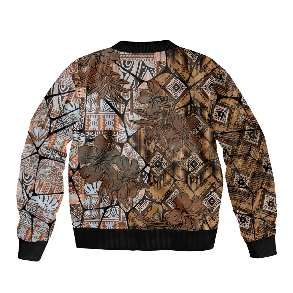 Fiji Masi Tapa Tribal Sleeve Zip Bomber Jacket Old Hibiscus Vintage Style LT03 - Polynesian Pride