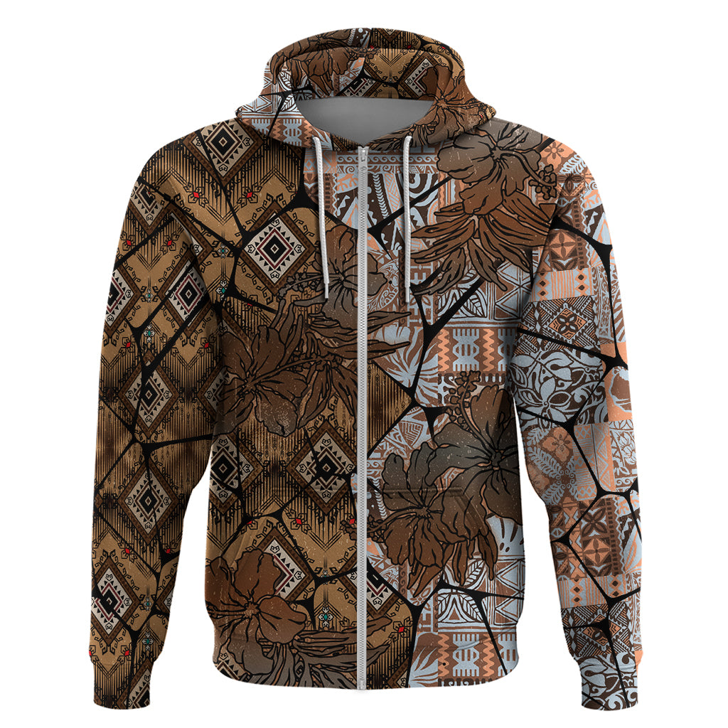 Fiji Masi Tapa Tribal Zip Hoodie Old Hibiscus Vintage Style LT03 Zip Hoodie Brown - Polynesian Pride